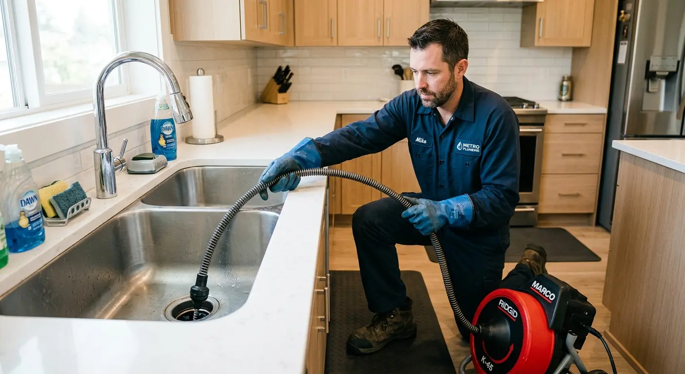 Drain cleaning technician using a motorized snake on a kitchen sink in North Druid Hills