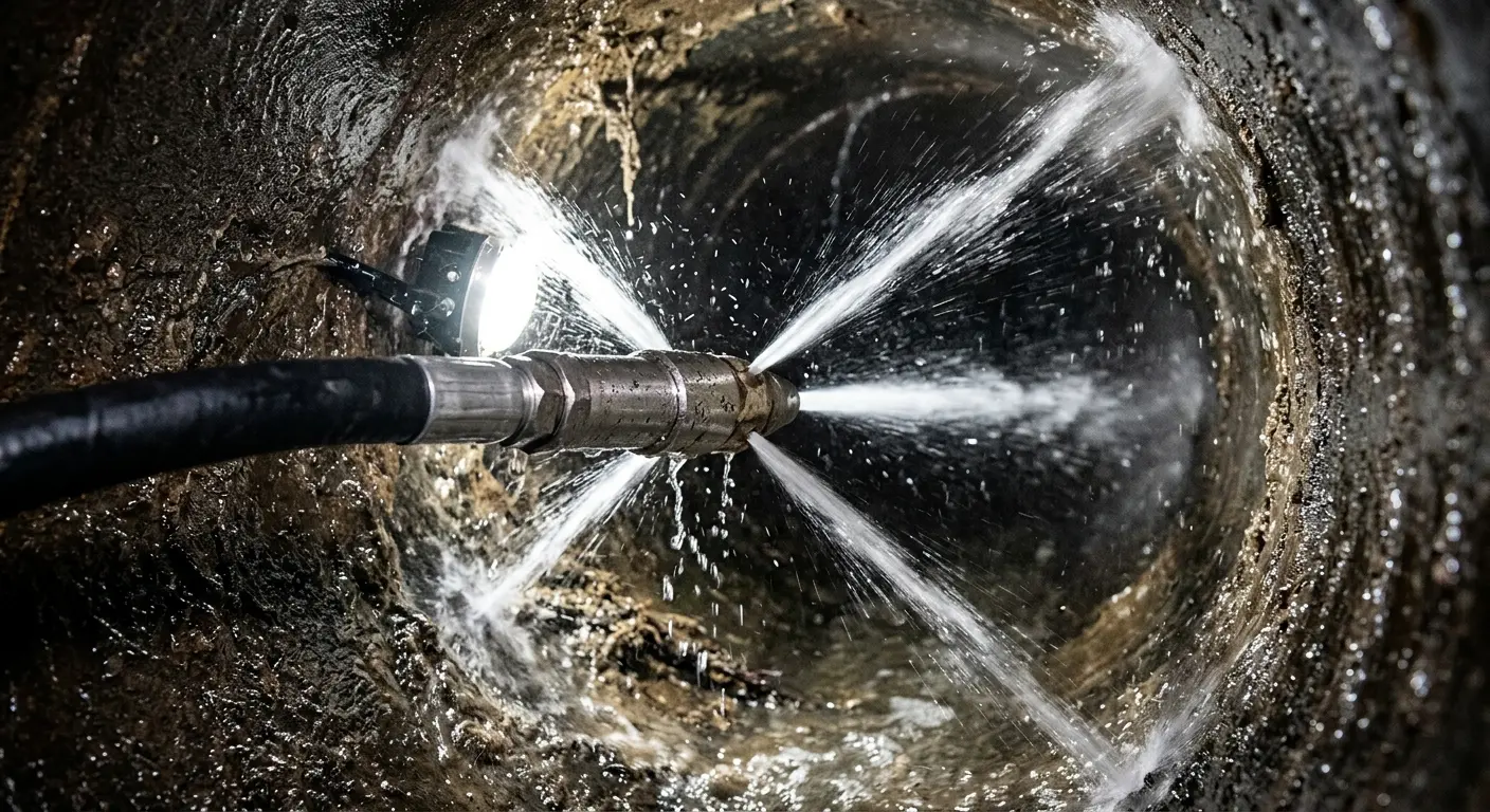 High-pressure hydro jetting nozzle cleaning sewer pipe for Emergency Drain Service in North Druid Hills