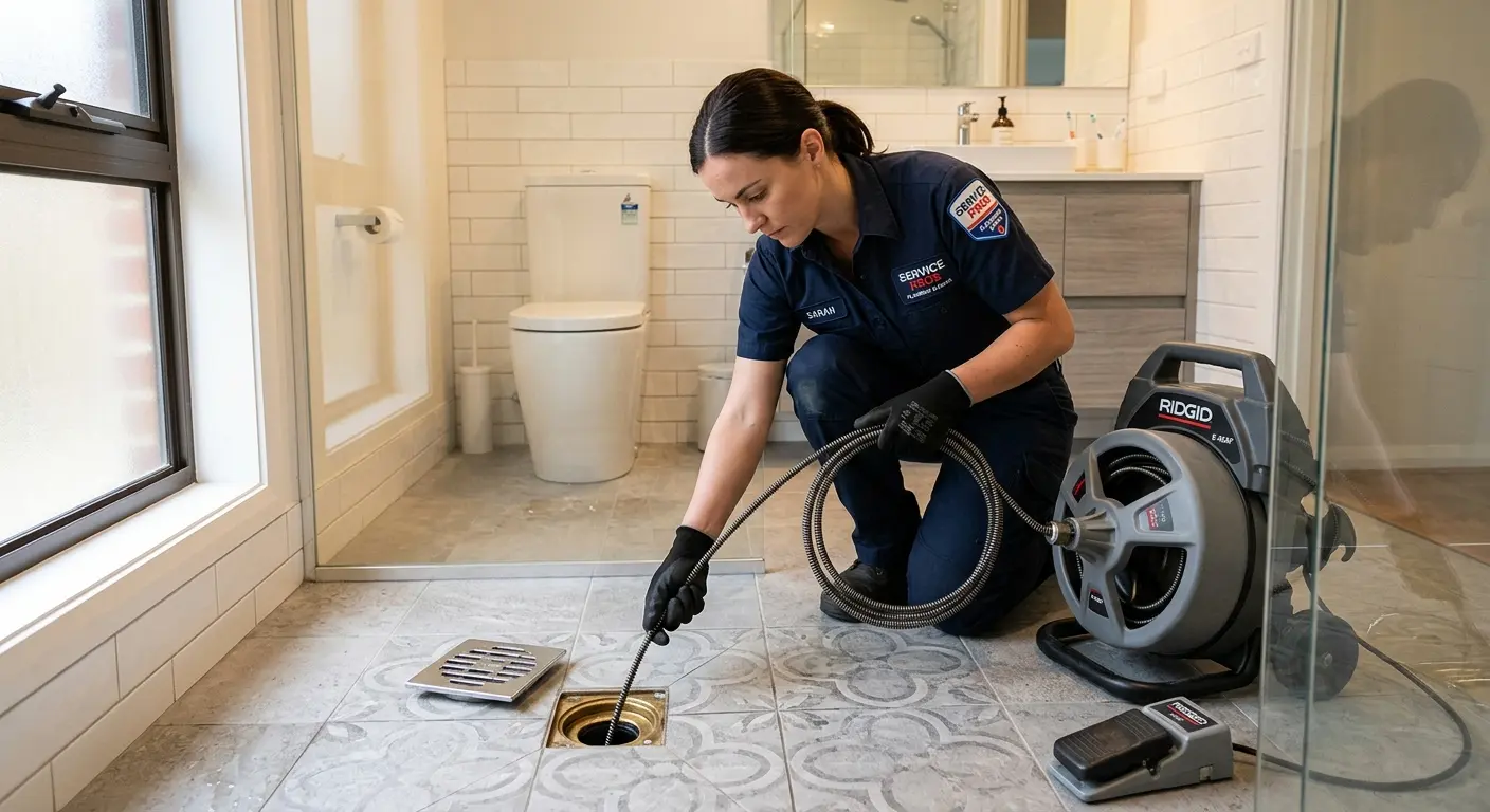 Technician clearing a bathroom floor drain for Drain Repair in North Druid Hills